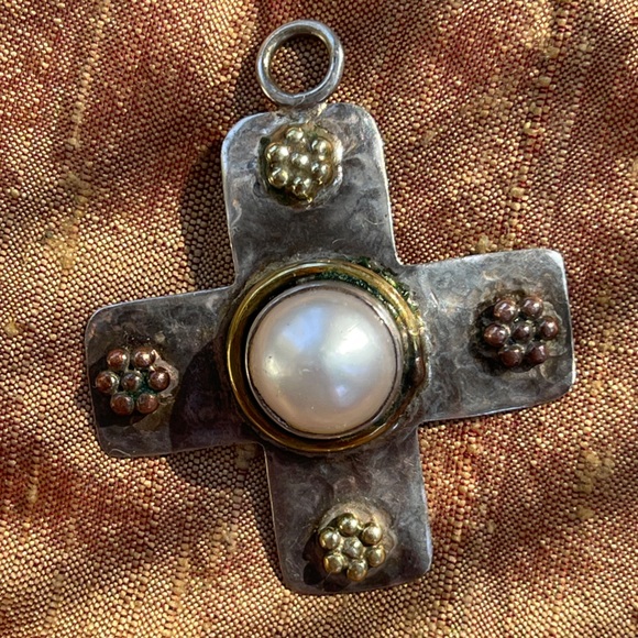 Rare square cross silver pendant signed marked designer artisan pearl vintage - Picture 6 of 9